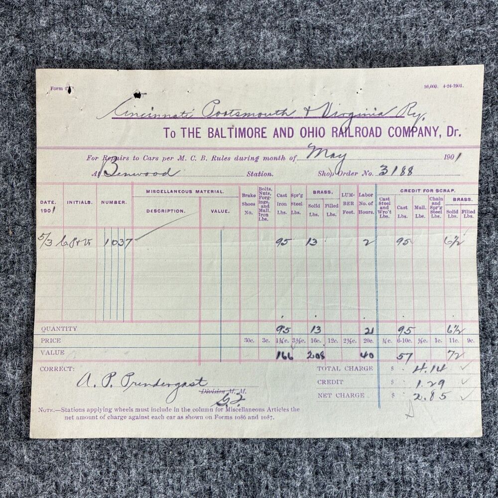 1901 CP&V Ry to B&O Railroad Repair Invoice Shop Order 3188 Vintage Paper